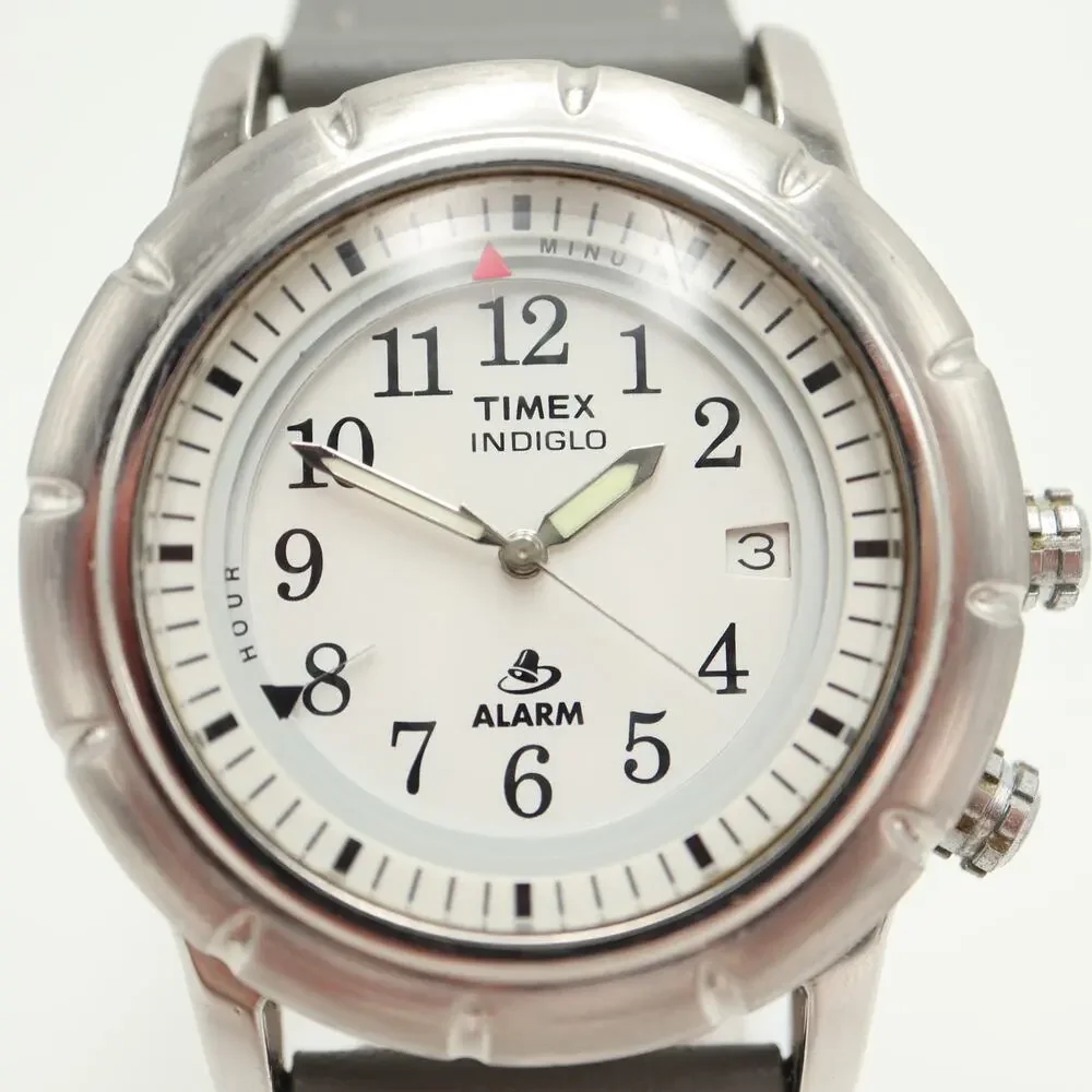 Timex Shenmue Alarm Silver Tone 39mm Watch Indiglo Gray Leather w New Battery